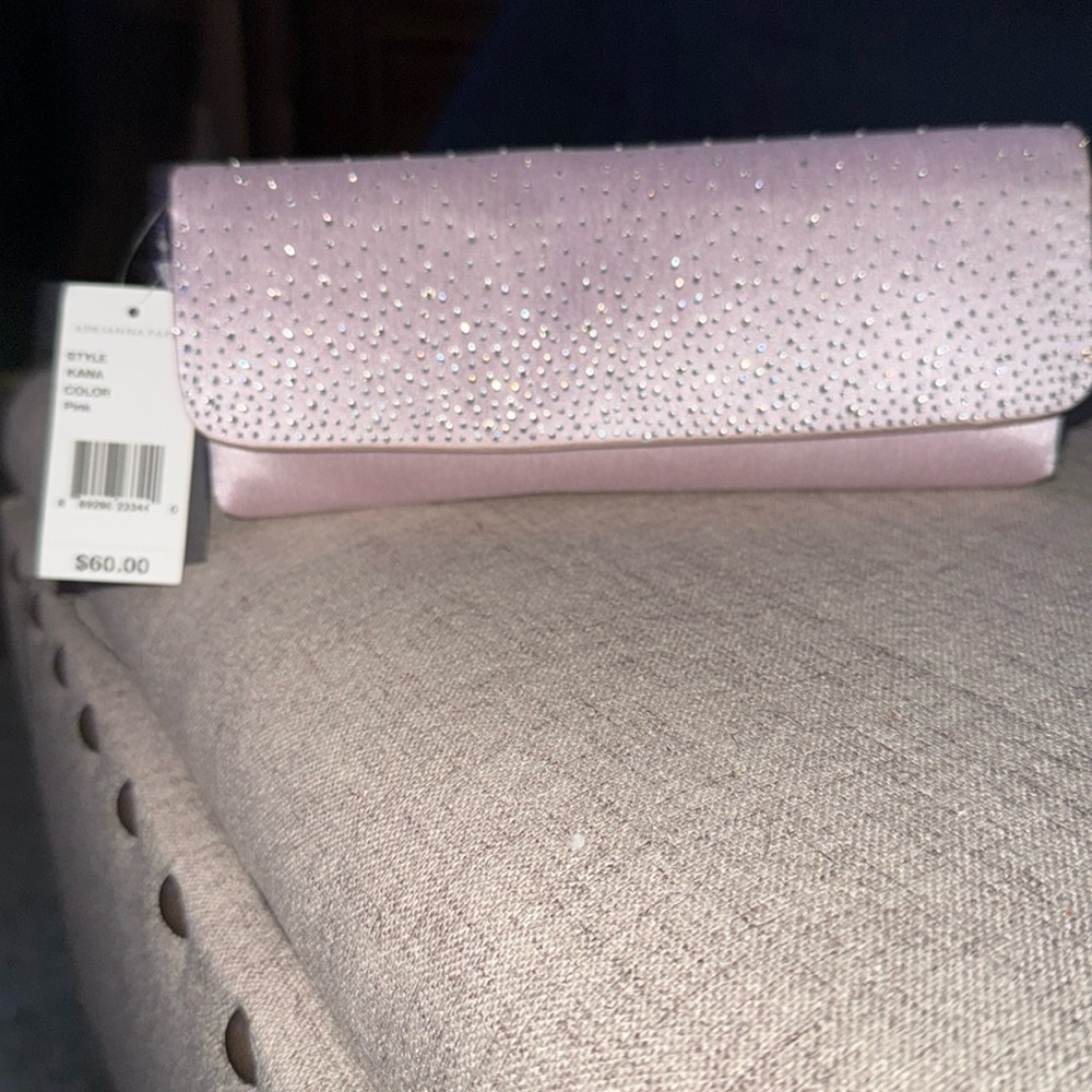 NWT Adrianna Pappel Subtle Pink Clutch w Shoulder Strap w Rhinestones on front